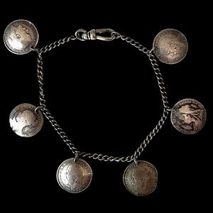 Victorian Edwardian Antique British 3 Pence Coin Charm Bracelet 1800s-1931